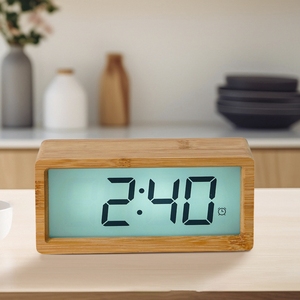 Wooden Minimalist Student Style Bamboo Alarm Clock Touch Large Green Screen Display Snooze Digital Clock <strong>Led</strong> Smart Table Clock - Product Image 2