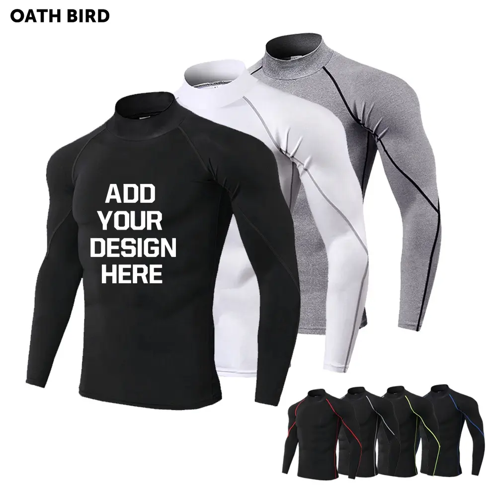 Custom Logo Men's Quick Dry Fitness Training Top Tee GYM Tshirt Long Sleeve Compression Turtle Mock Neck Workout T Shirts