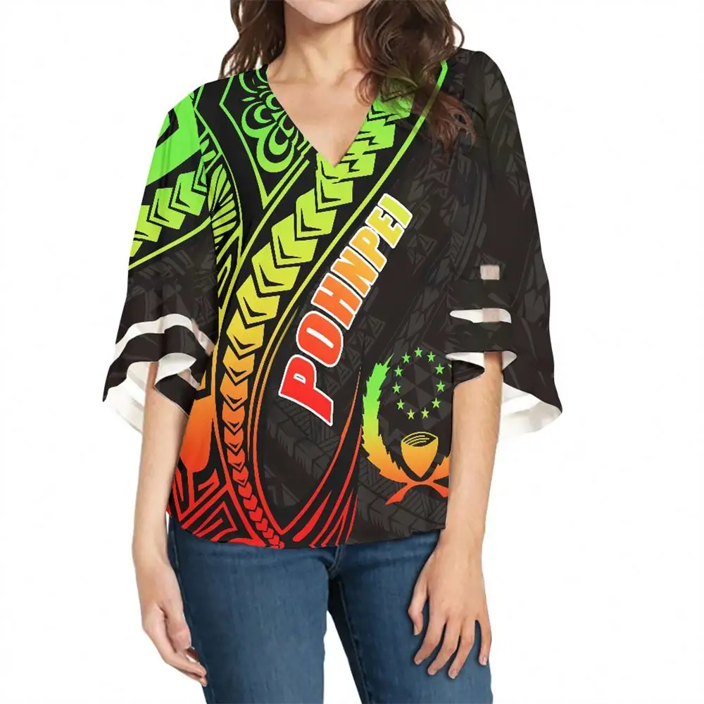 Camisa Chiffon Tops Verão Meias Mangas Polinésia Tribal Pohnpei Islands Custom Print blusa para mulheres senhora casual Atacado