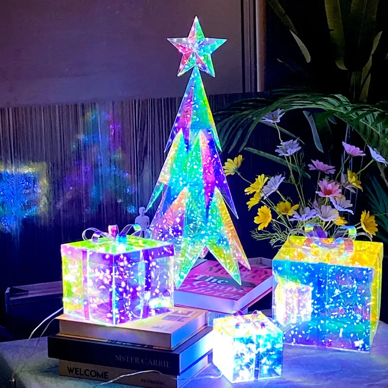 Plastik Transparan LED Warna-warni Kristal Berkedip Lampu Malam Mini Transparan Putih Pohon Natal Berkedip Pohon Natal