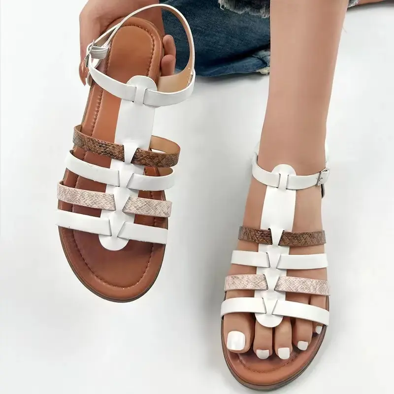 Sandalias de suela blanda para mujer, verano 2023, zapatos romanos de suela gruesa, sandalias de playa planas retro con correa cruzada para mujer