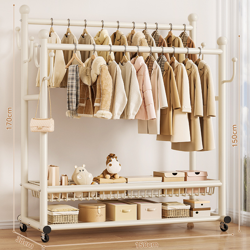 blanc crème-150cm-barre double-panier grillagé haute capacité avec roulettes