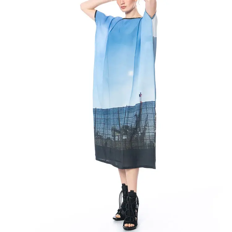 Vestido de tubo largo de seda con estampado fotográfico a la moda para damas