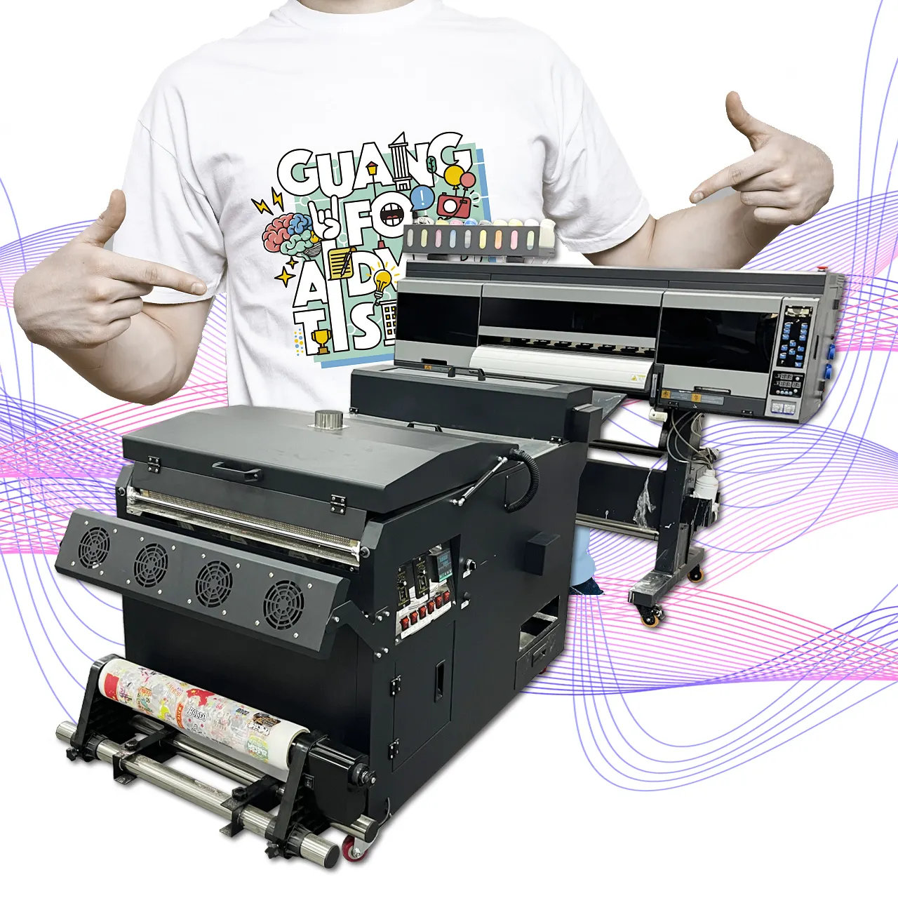 Impresora de tinta blanca directa a película, impresora de inyección de tinta de transferencia de calor offset de plastisol, impresora i3200 DTF con coctelera y secadora