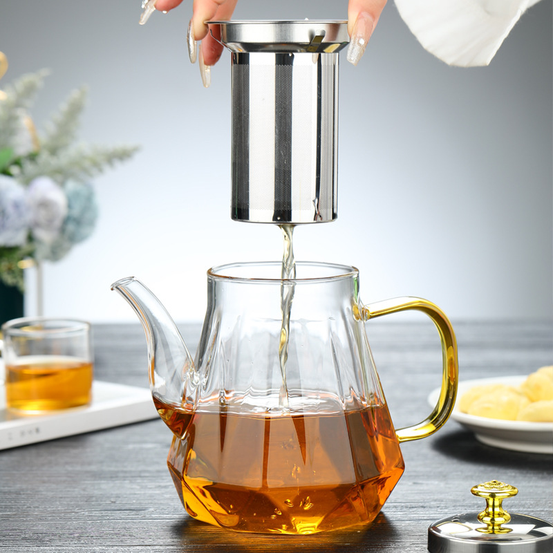 37Years Factory Diamond Style High Borosilicate Open Fire Stove Safe Glass Tea Pot With SUS 304  Infuser 600ml/800ml/1000ml
