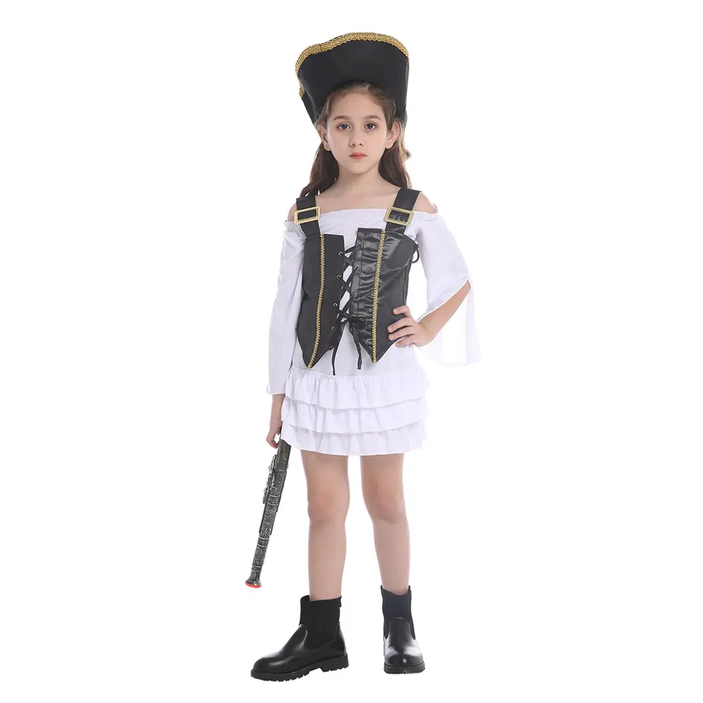 Bambina per bambini pirata Costume Cosplay di Halloween con abito gilet e cappello per 3-12 anni indossare gonna pirata