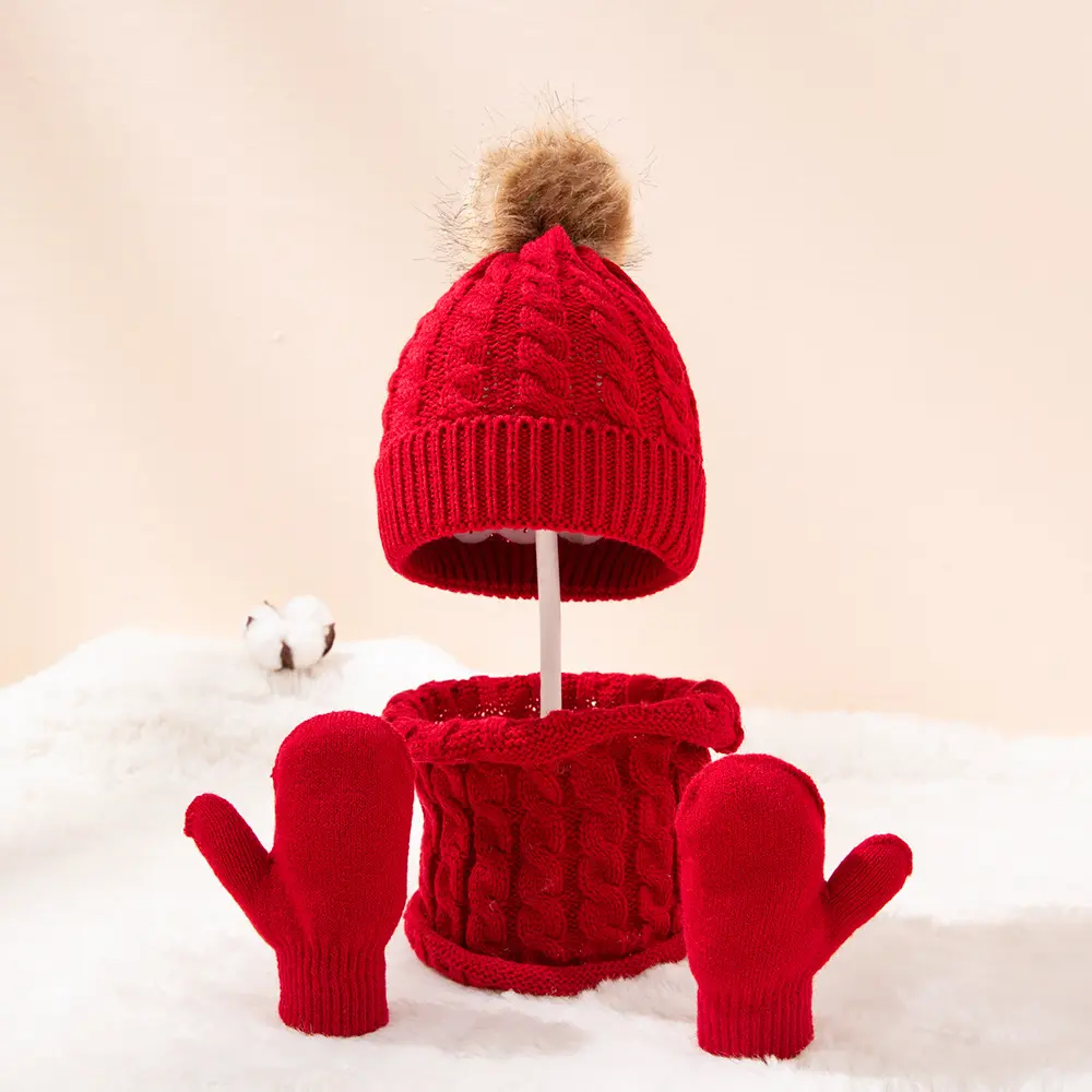 Mùa đông ấm lông bóng Beanies cap Mitten chiếc khăn màu đồng bằng bé Pom Pom găng tay khăn Beanies Crochet Hat Set