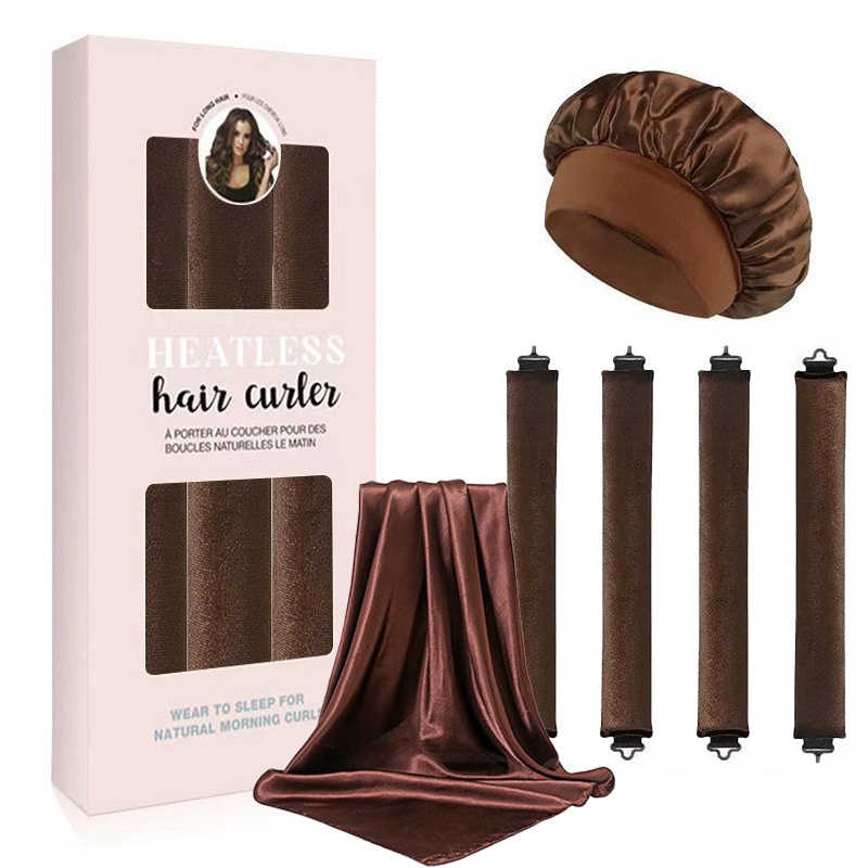 Three curling irons-Caramel brown +brown hat+Silk scarf