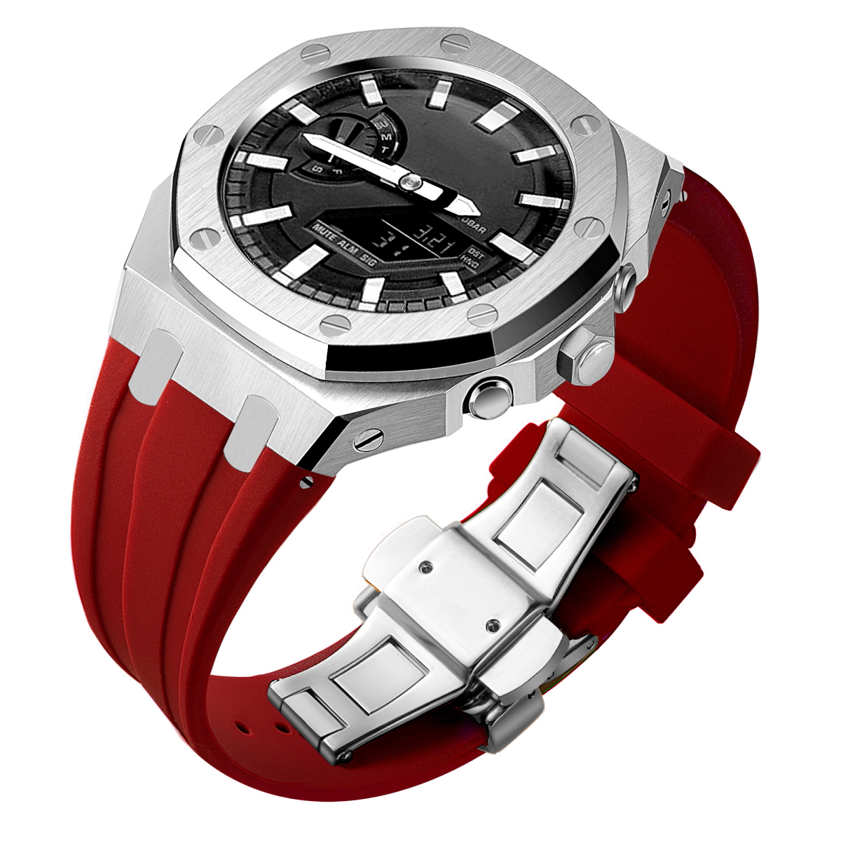 Boîtier argenté + bracelet rouge