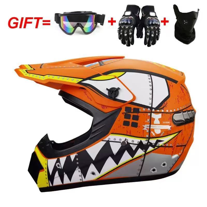 Gafas de tiburón naranja brillante, máscara y guantes.