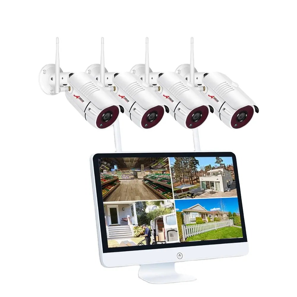 Anran 2mp 4CH wireless camera NVR kit Combo waterproof outdoor home CCTV security system with 1080p 15'' LCD screen Monitor