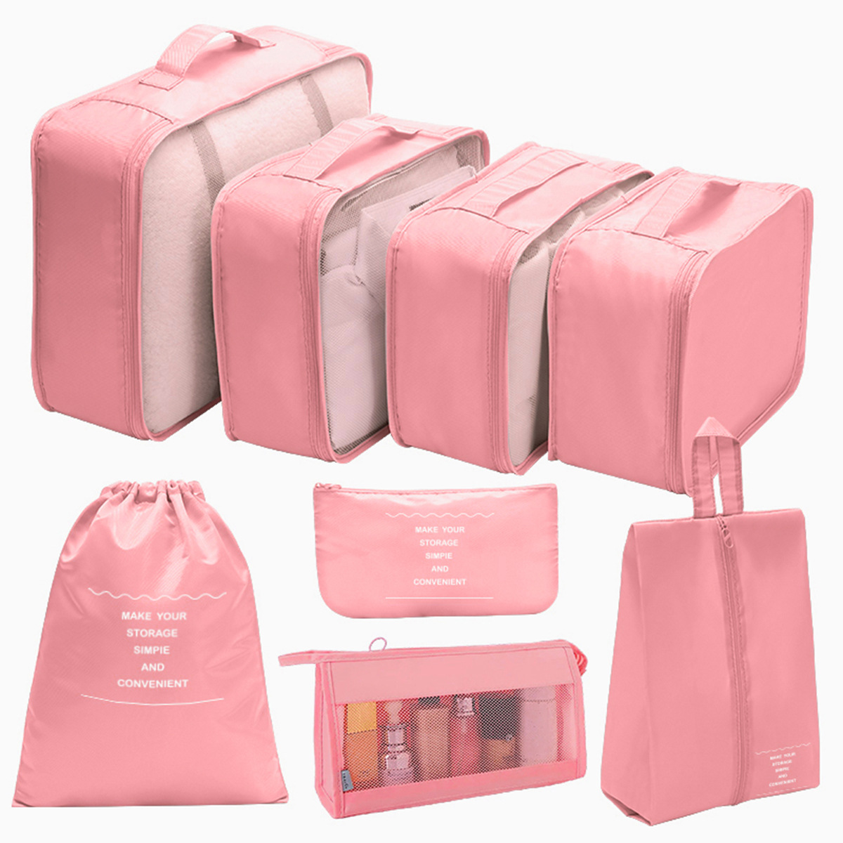 ชุดสีชมพู 8 ชิ้น (รวมกระเป๋าทรงสามเหลี่ยม)
