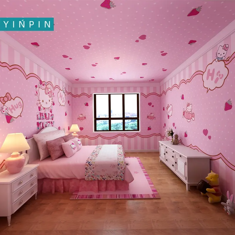 Papel de parede rosa da hello kitty, design 3d para casa, crianças, decoração do quarto, mural