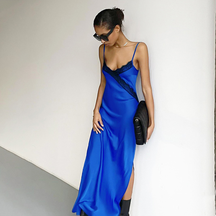 Custom Backless Maxi Dress Fashion Women Summer Sexy Strap Draped Neckline Side Seam Slit Satin