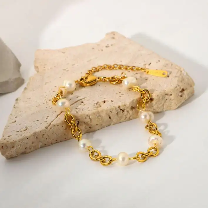 Acero inoxidable pulseras brazalete chapado en oro de 18K 6 perla Natural de agua dulce pulsera de cadena de joyería