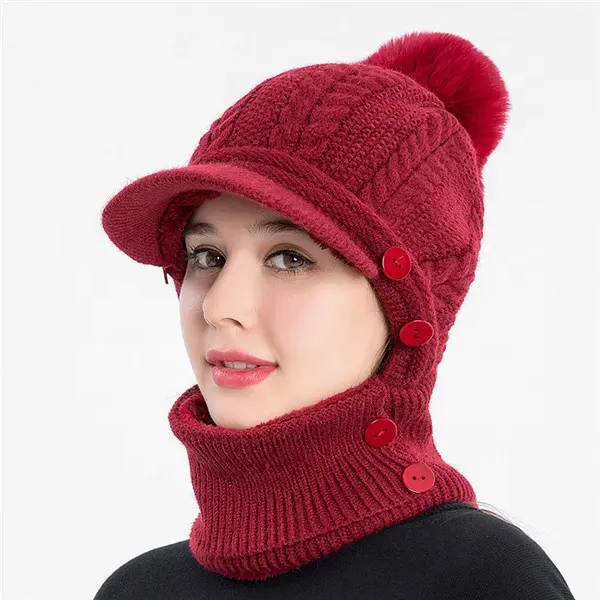 Women Fur Ball Wool Ski Cap Pom Pom Knitting Hat Warm Striped Brim Knitted Beanies Crochet Winter Peaked Visor Knit Hats