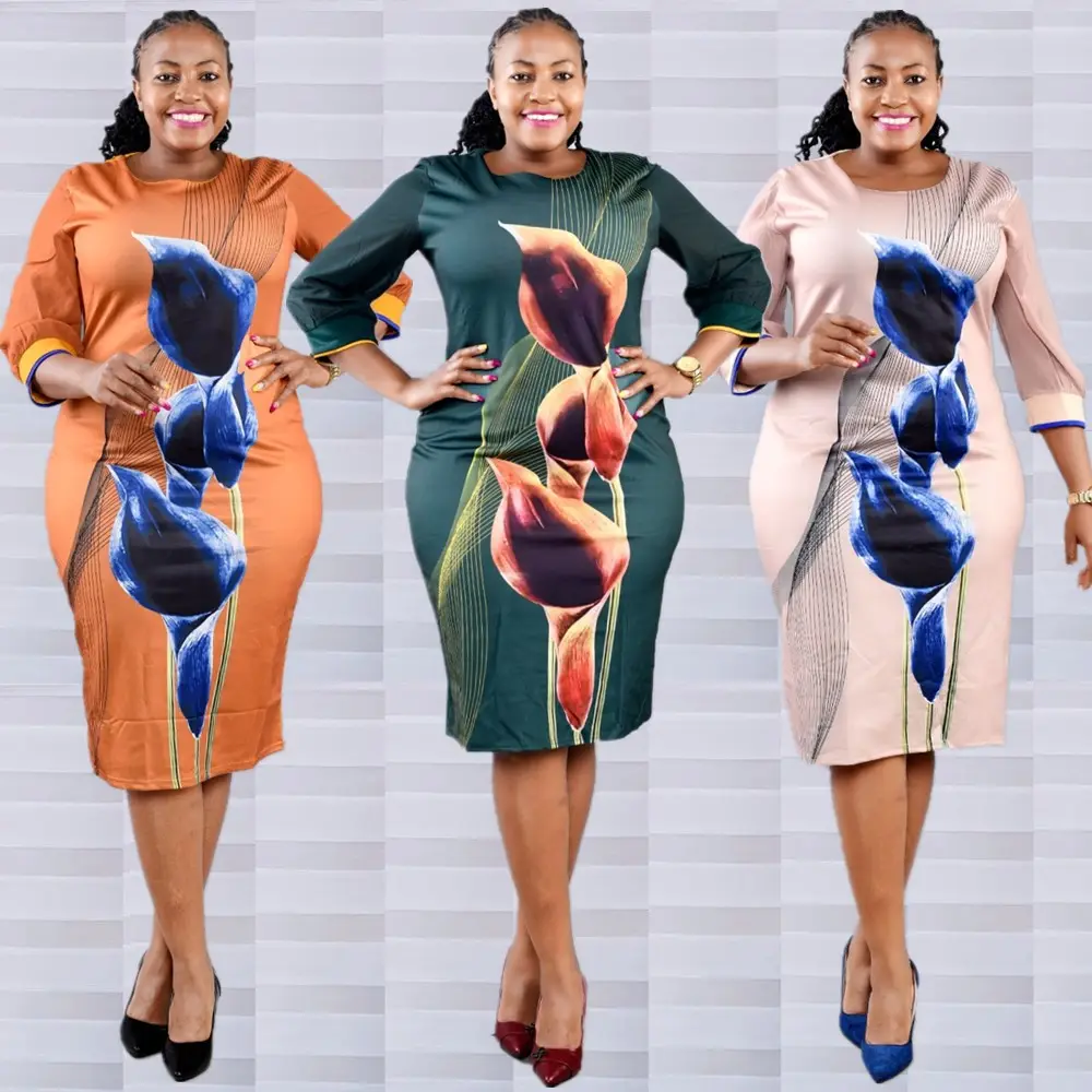Afrique Robes grande taille pour femmes Col en O Manches trois quarts Imprimé floral Nouveaux vêtements de mode Lady Pencil Midi Dress