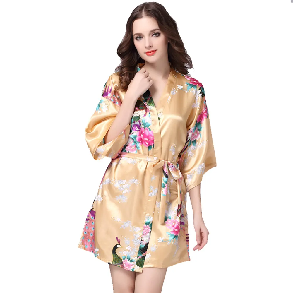 Venta caliente colorido mujer impreso Floral Kimono vestido estilo chino seda satén bata camisón flor