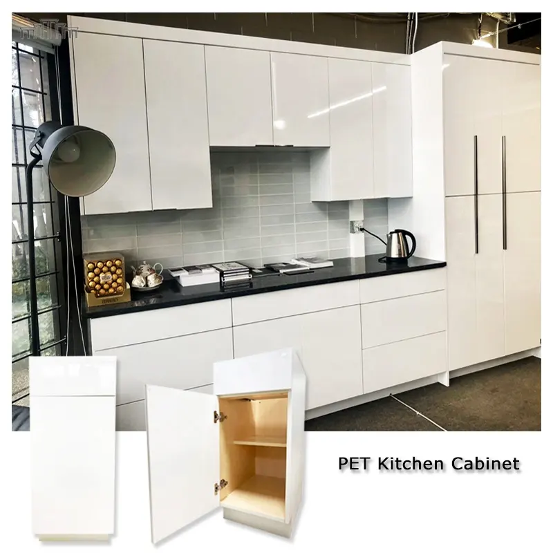 Progetto dell'appartamento Set completo all'ingrosso PET High Gloss MDF Flat Panel Full Overlay struttura senza cornice cucina dispensa armadi