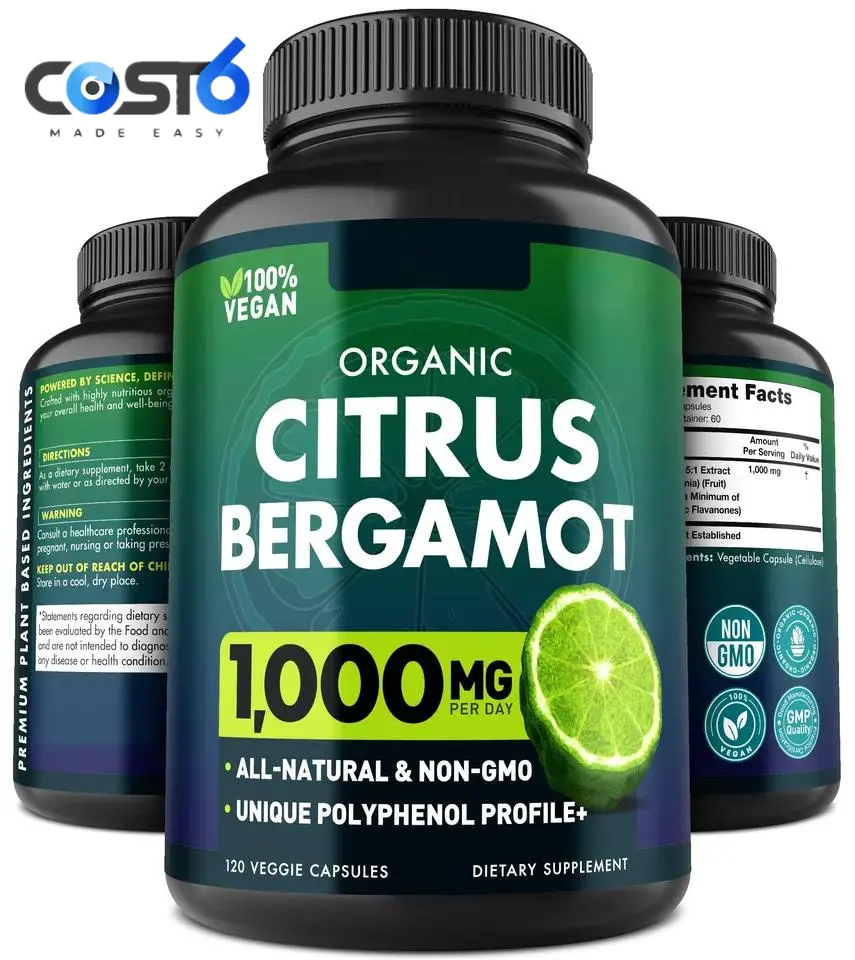 Bergamota Cápsulas 1000mg Suplemento Orgânico de Bergamota Citrus para o envelhecimento saudável, coração e suporte imunológico