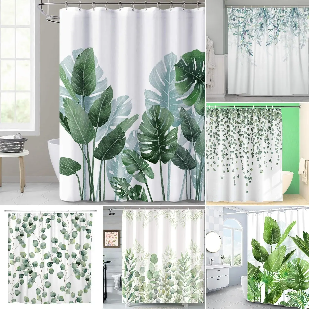 सफेद पृष्ठभूमि पर उष्णकटिबंधीय हरे रंग की पत्तियों का पौधा बाथरूम की वर्षा और हुक के साथ स्नान के लिए सजावट