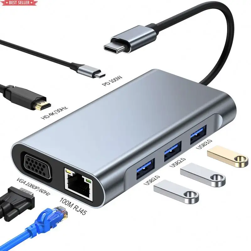 Jumon USB genişletici adaptörü Laptop HUB yerleştirme istasyonu tipi C HDTV RJ45 VGA USB PD hızlı şarj 7 in 1 Laptop için yerleştirme istasyonu