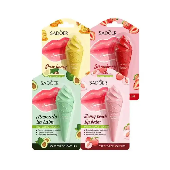 New Private Label SADOER cuidado dos lábios Ice Cream Vegan Lábios Bálsamo Abacate Morango Mel Ppêssego Hidratante Maquiagem Batom Bálsamo Labial