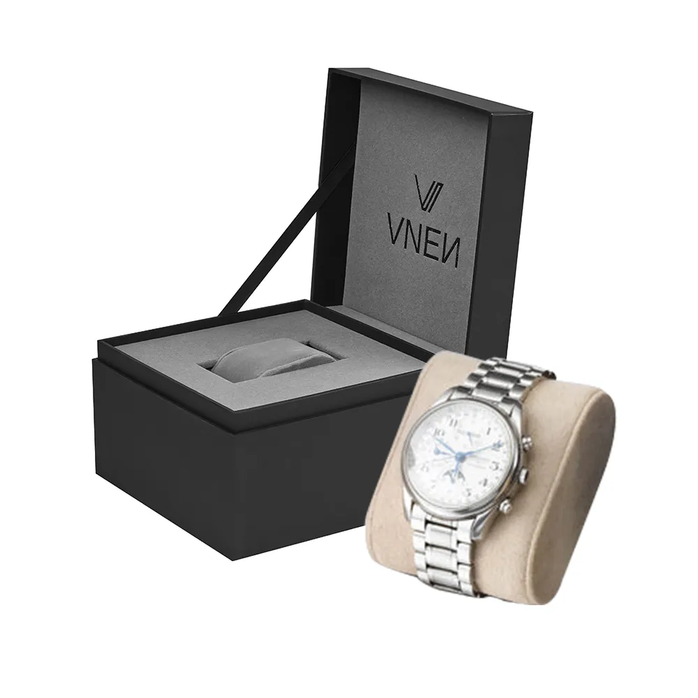Luxe Hoge Kwaliteit Custom Logo Zwart Kartonnen Papier Geschenkverpakking Display Enkele Horloge Doos Met Schuim Inzetstuk