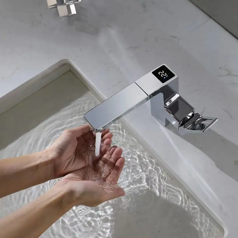 Pullwash bassin solide robinet évier verre trempé bassin salle de bain thermostat intelligent robinet de bassin électronique numérique avec température