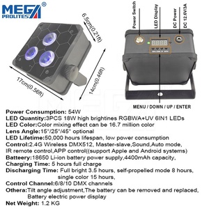 MEGA Pro lites 3x18W rgbwa + UV ไร้สาย DMX แบตเตอรี่ชาร์จไฟเวทีไฟ PAR UP แสงกับ APP WiFi ระยะไกล - Product Image 5