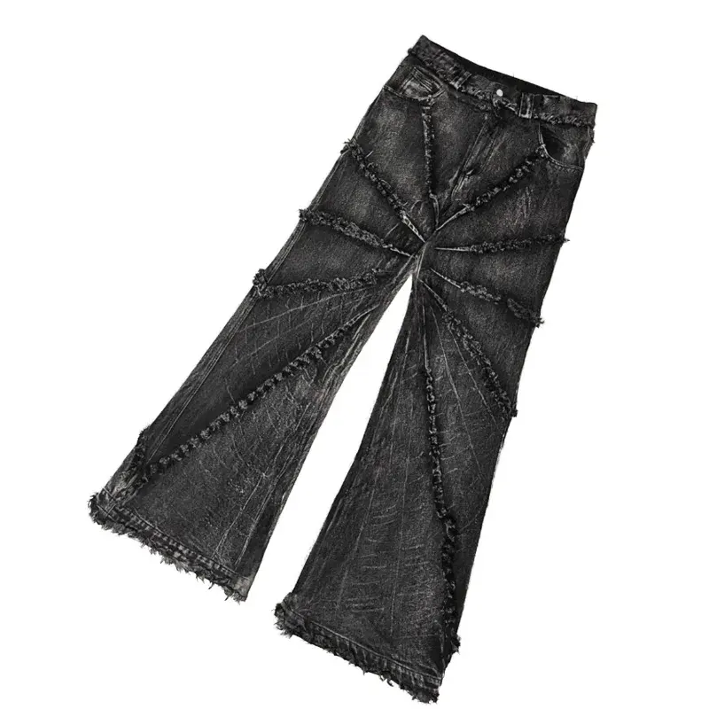 DiZNEW Fashionable men 2023 New Arrivals Ruffle wash jeans loose straight Fringe baggy Denim Long black Jeans