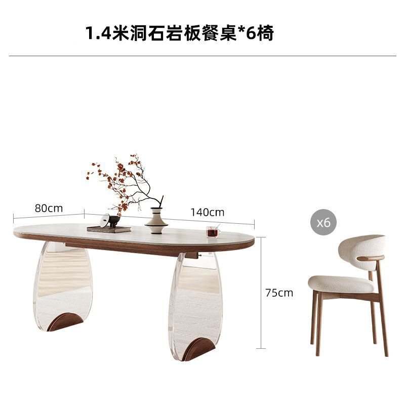 Mesa de comedor de losa de travertino de 1,4 m con 6 sillas