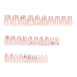24ชิ้นขนาดกลางฝรั่งเศสแววสีชมพูเล็บมินิมอลที่มีการกด rhinestones บนเล็บปลอมเคล็ดลับกับ1เจลลี่และไฟล์ - Product Image 2