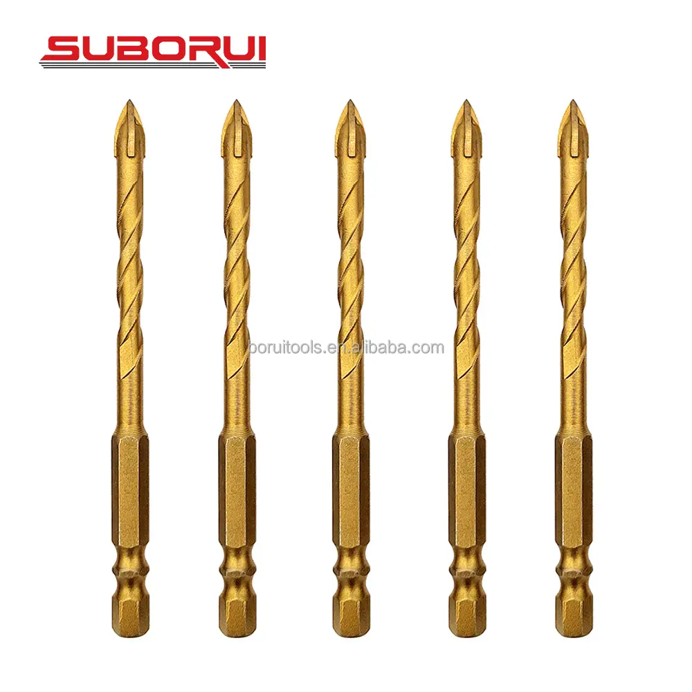 SUBORUI 6mm Punta cruzado de carburo de titanio Doble R Vástago hexagonal Brocas para agujeros de azulejos de vidrio cerámico para piedra de mármol de vidrio cerámico