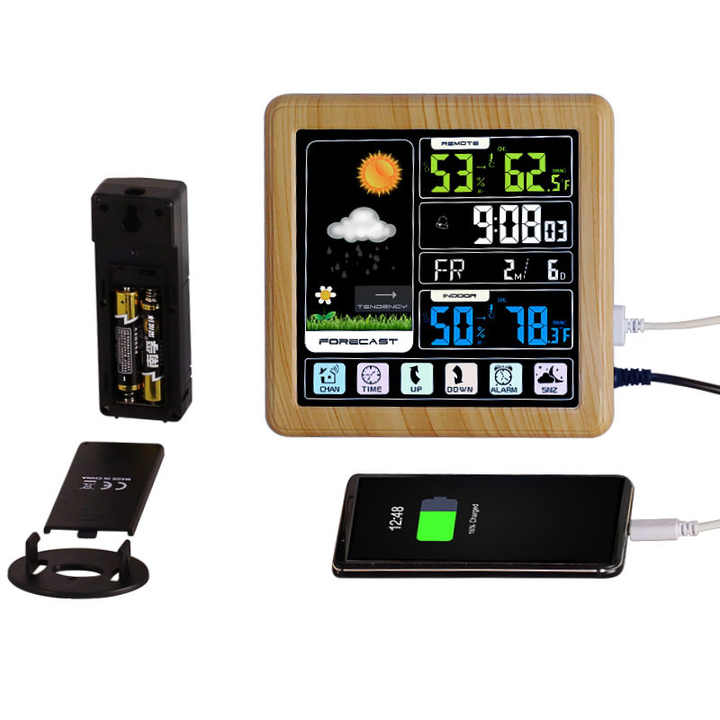Digital Color Screen Weather Station Wooden Snooze Alarm Clock with RF Sensor