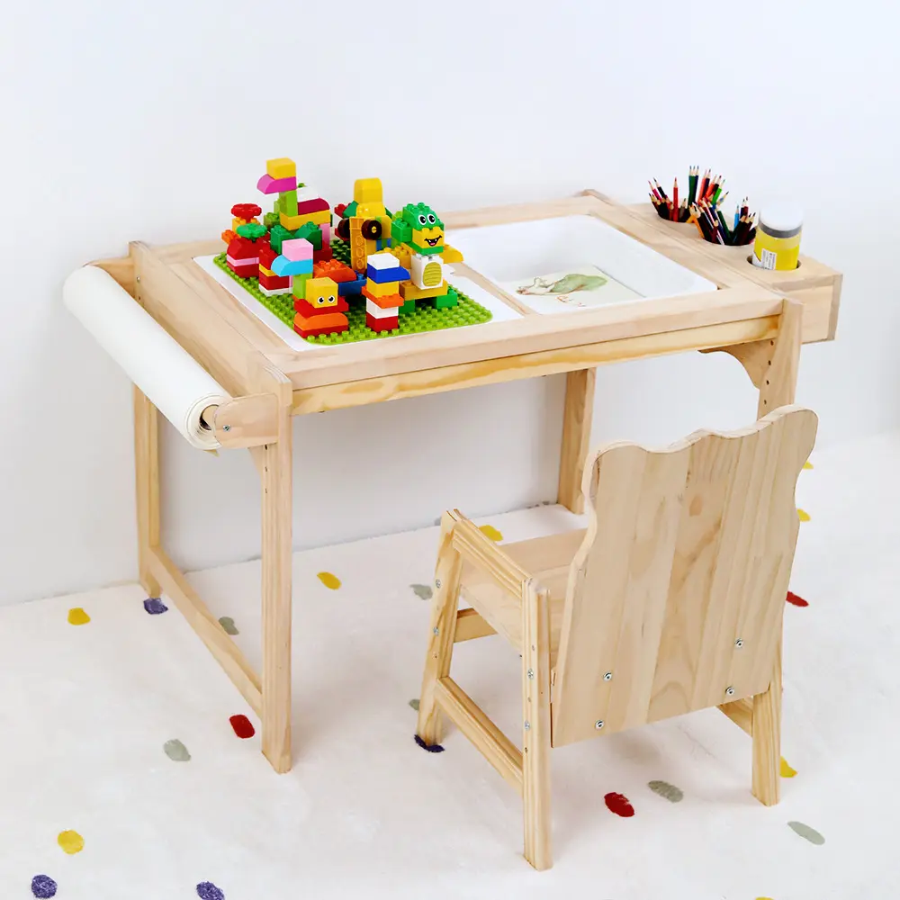 Meja bermain anak-anak, Meja aktivitas kayu dan sensor dengan tempat sampah ganda, Meja Aktivitas Anak dengan furnitur kursi
