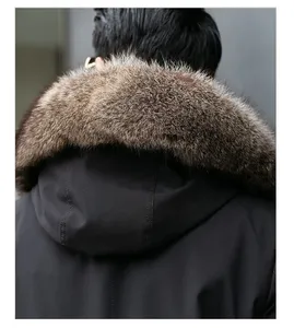 OEM toptan moda uzun özel Logo desen kışlık mont Hood erkekler Faux Fox kürk ceket mont