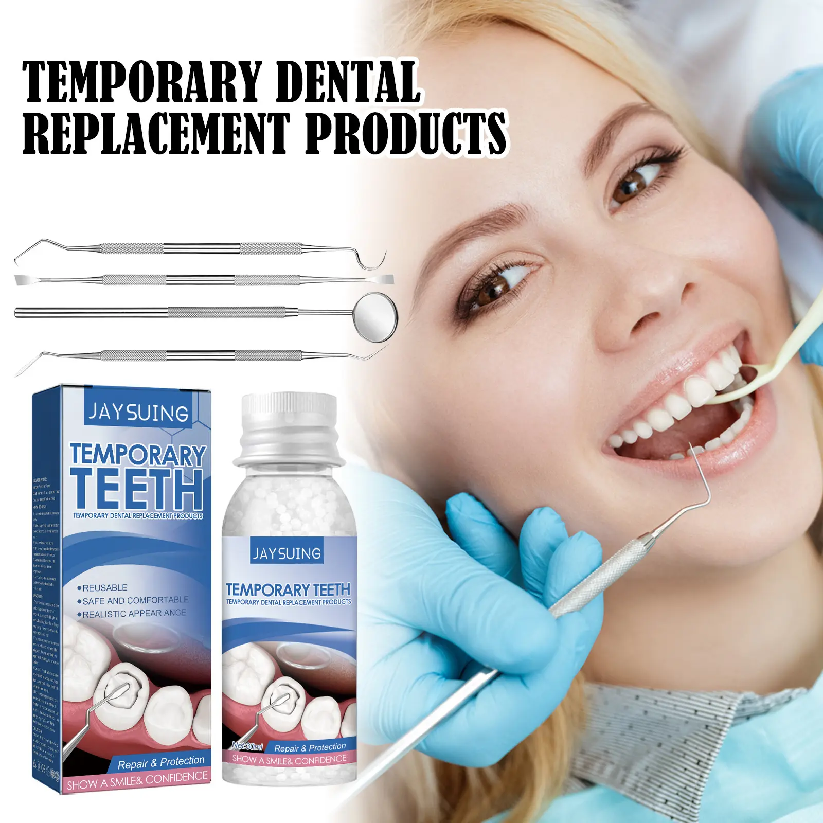 Ventas calientes Jaysuing Reparación dental Pegamento Relleno Agujeros Reparación temporal Partícula Relleno temporal de dientes Kit