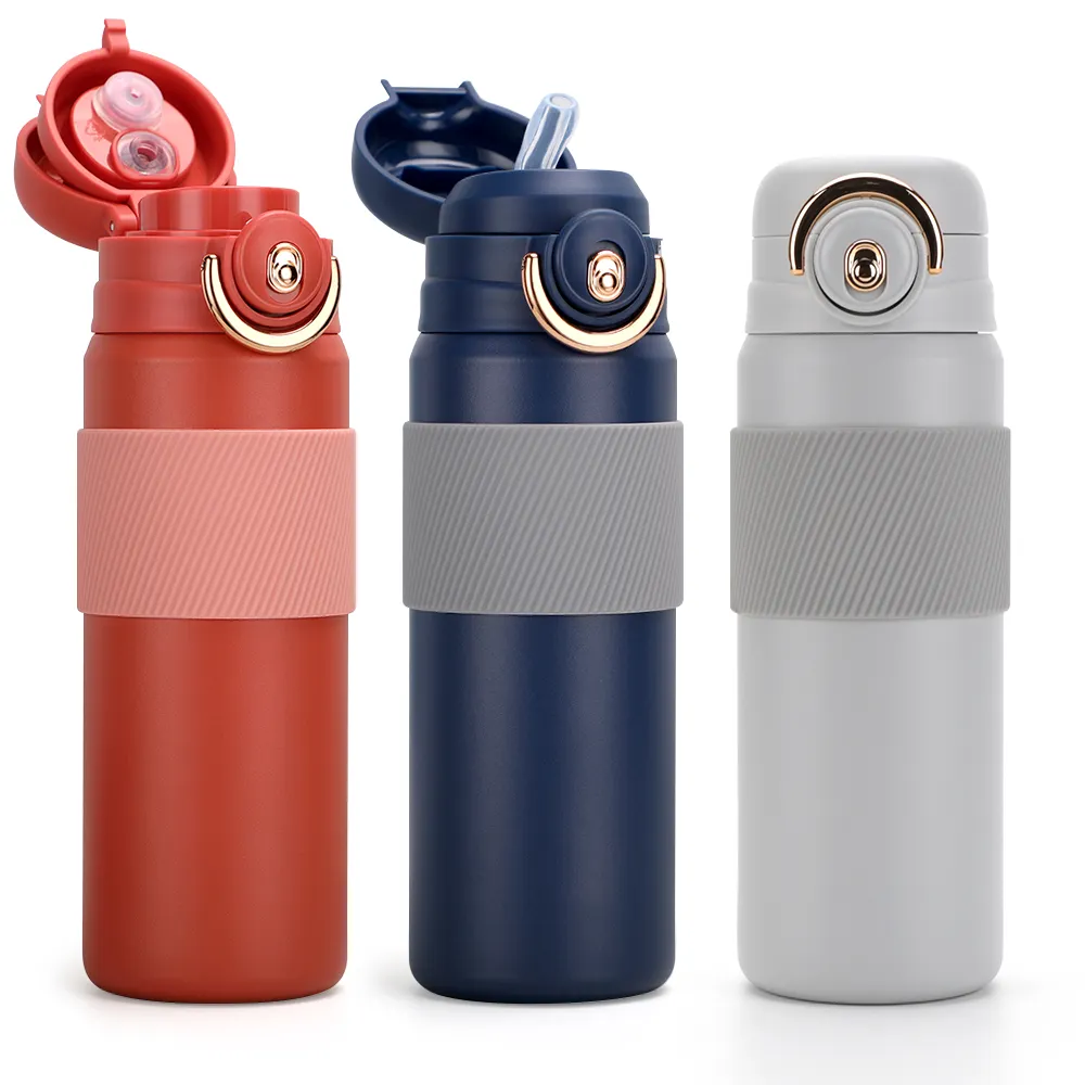 600ML One Touch Button Double Wall Stainless Steel Factory Price Water Bottle Vacuum Flask Thermos with Straw