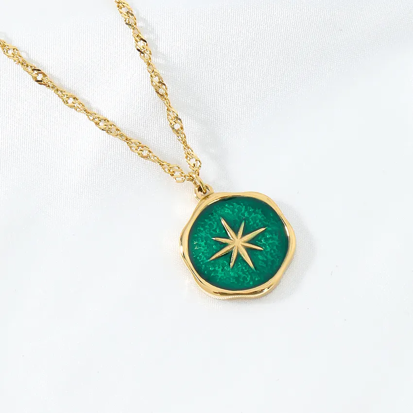 Custom Stainless Steel 18K Gold Plated Emerald North Star Necklace Personalized Natural Flower Sun Star Necklace