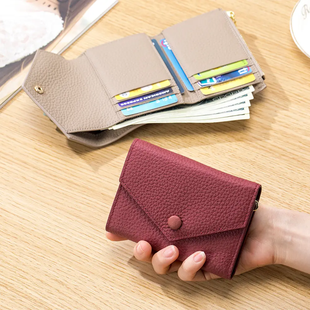 Fabrik Dreifach Karten halter Geldbörse Hochwertige Litschi Muster Echtes Rindsleder Pure Color Slim Wallets
