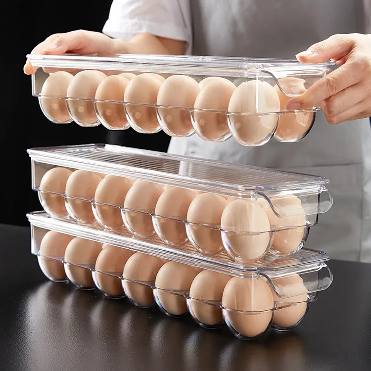 Nevera de cocina apilable múltiple bandeja de huevos de plástico transparente soporte tipo cajón contenedor caja organizadora con tapa