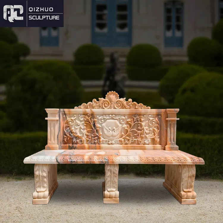 A mão exterior antiga personalizada da decoração do jardim esculpida a cadeira vermelha do banco do mármore da pedra natural do parque