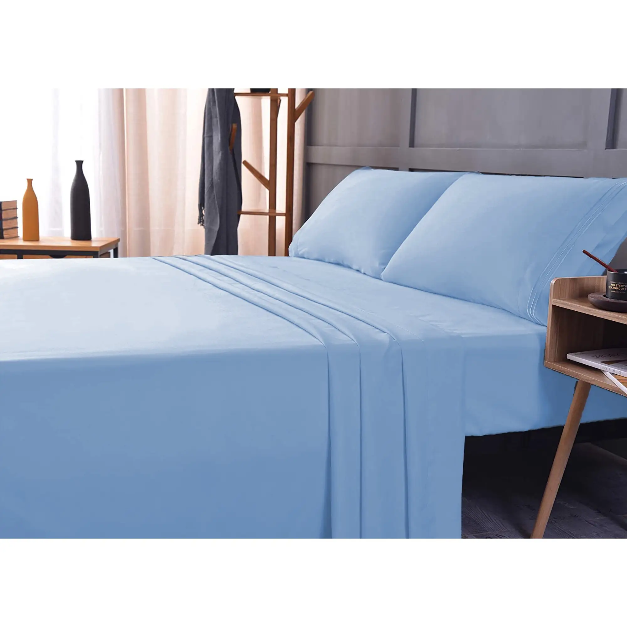 Drap de lit pocket, literie de haute qualité, 1800 fils, bleu clair, pour la maison, hôtel, 4 pièces