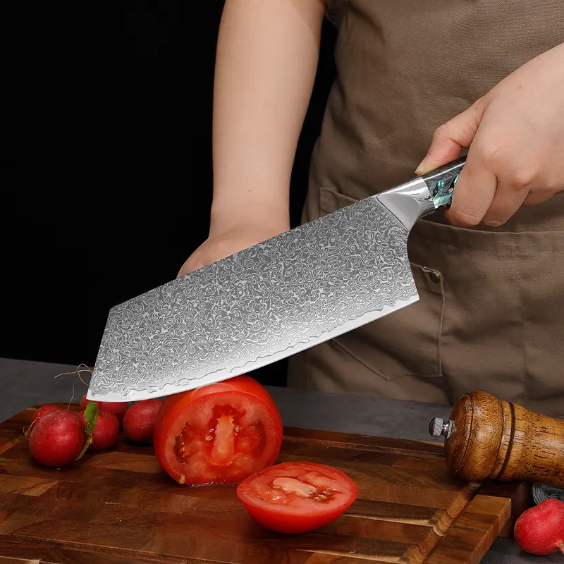 ชุดมีดเหล็กดามัสกัสมือจับทรงเปลือกหอยชุดมีดสำหรับเชฟขนมปังในครัว