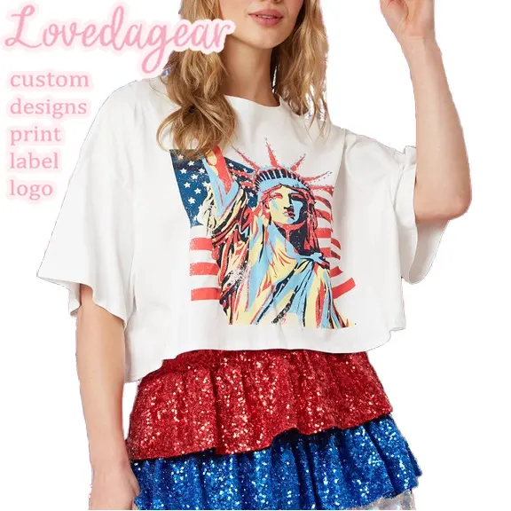 Loveda Custom Private Label Women Black White Tees American Flag Print Statue Of Liberty Sequin Short Sleeve Crop Tops