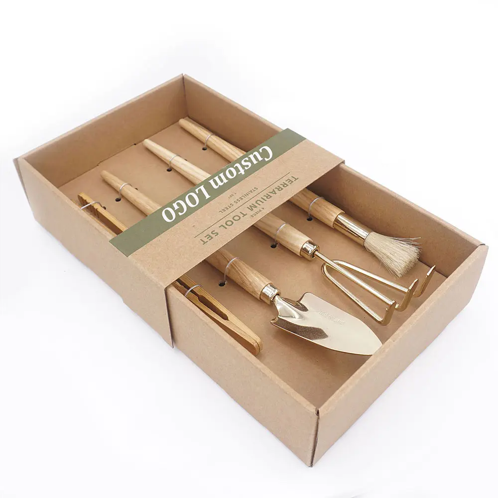 Ensemble d'outils de plantation miniatures en or Kit d'outils de bonsaï en acier inoxydable Mini ensemble d'outils à main de jardin en bois pour succulentes