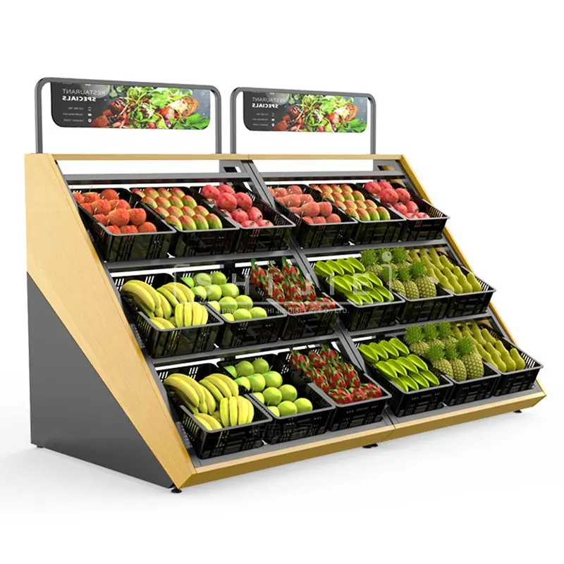 Wooden Fruit Vegetable Display Stands Design Metallic Supermarket Shelves Fruit And Vegetable Display Rack