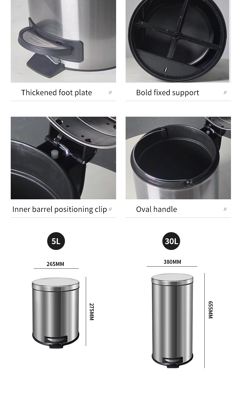 30L Big Stainless Steel Dustbin Trash Can Garbage Waste Bin Bucket Kitchen Hotel