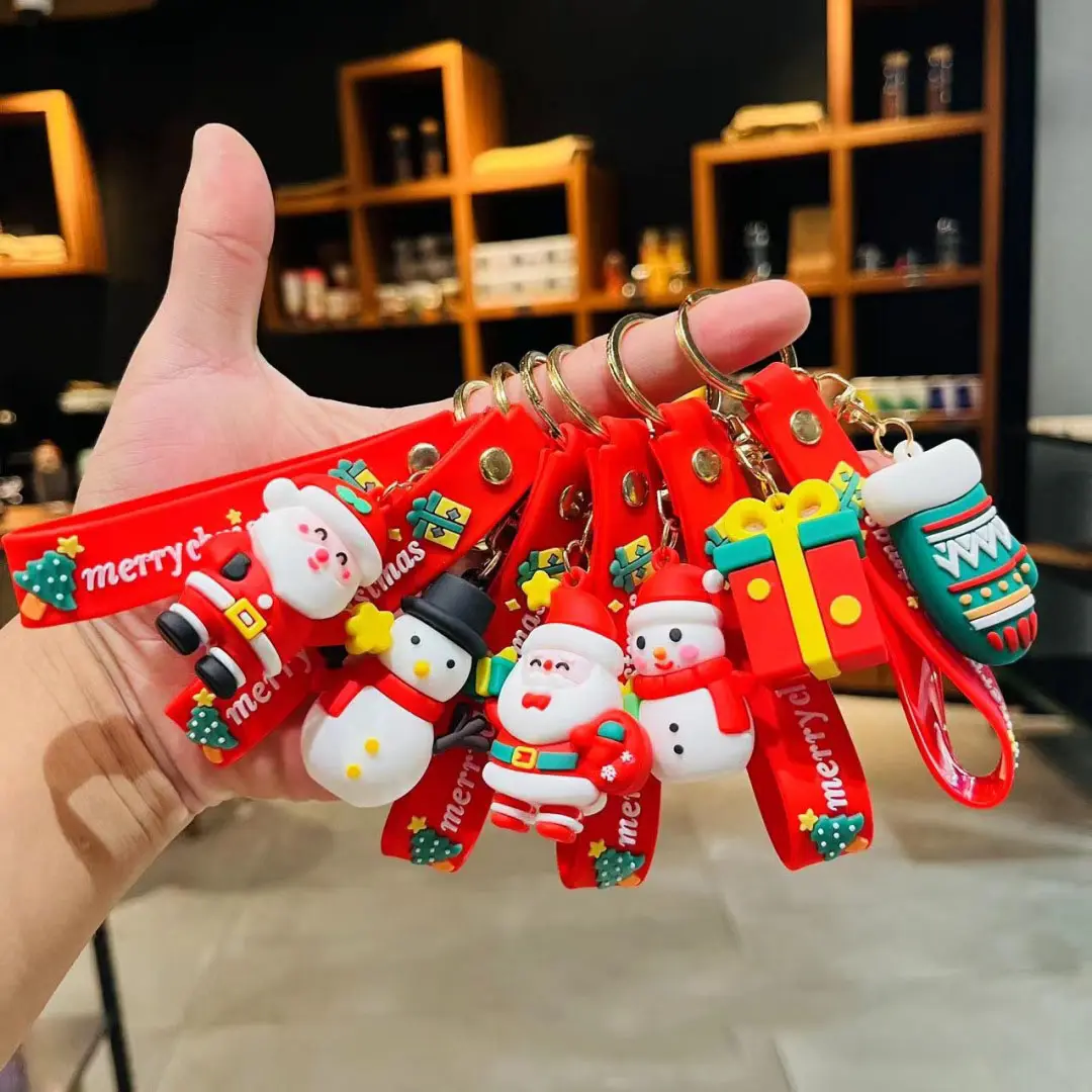 Atacado Personalizado Dos Desenhos Animados De Natal Papai Noel Chaveiro Soft Rubber Doll Bag Pequeno XMAS Promocional Gift Bag Car Pendant